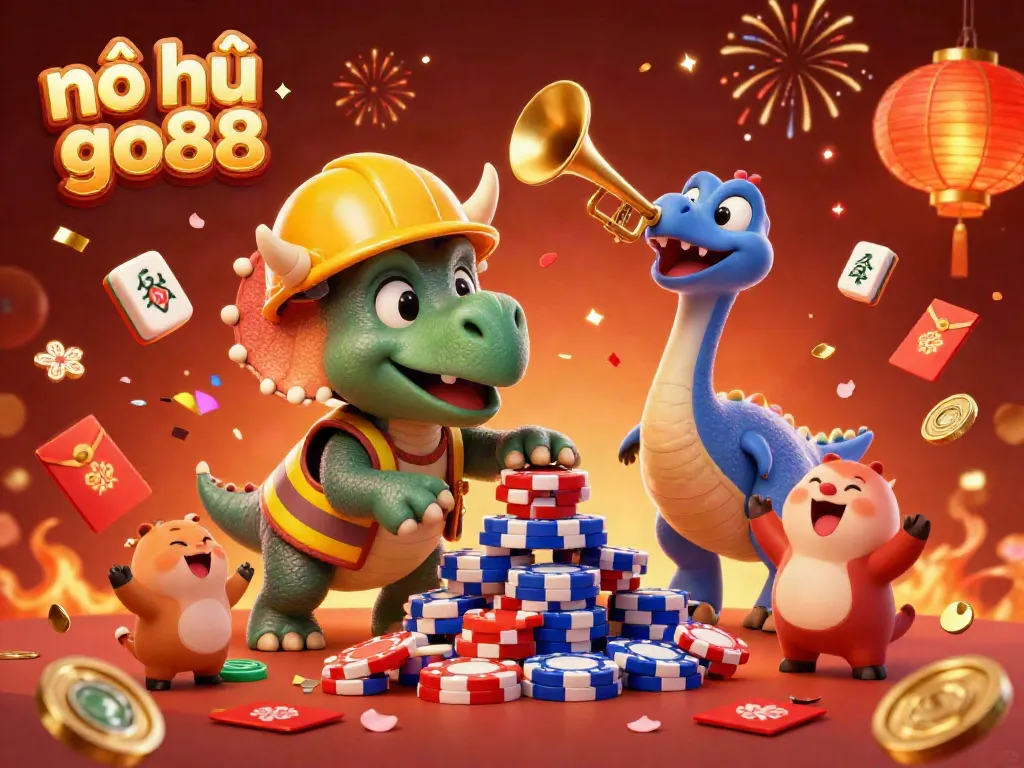 Experience the thrill of nổ hũ go88 with a triceratops celebrating jackpot wins amid vibrant casino elements.
