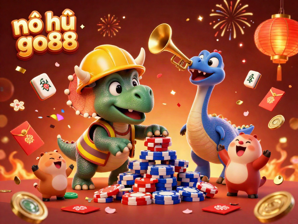 Experience the thrill of nổ hũ go88 with a triceratops celebrating jackpot wins amid vibrant casino elements.