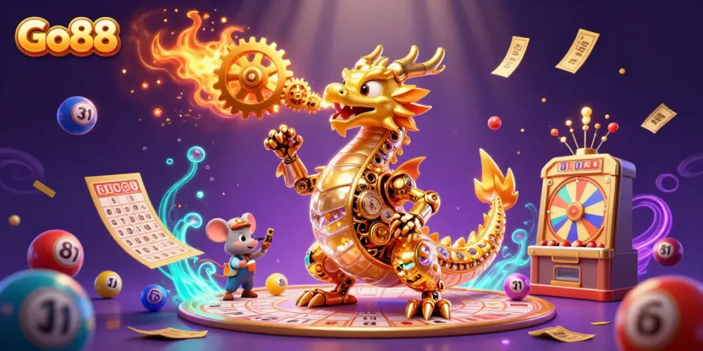 Engage with Go88 in a captivating casino world featuring a golden dragon and vibrant game elements.
