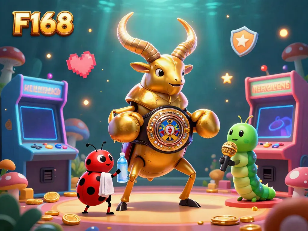 Experience F168’s vibrant gaming world with a dynamic scene featuring a golden stag beetle champion and colorful gaming elements.