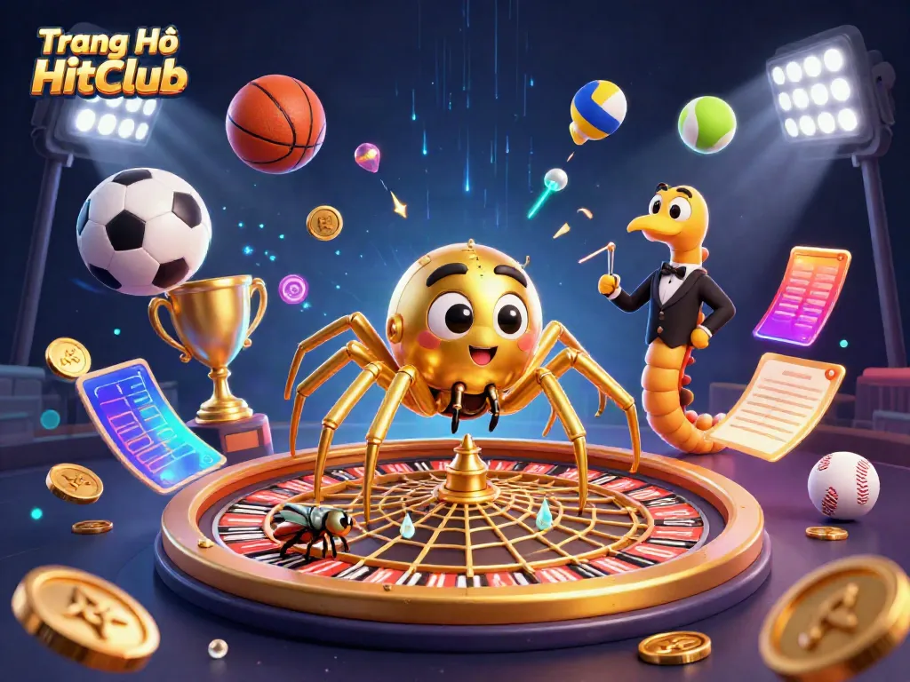 Experience the thrill of Trang Chủ HitClub with a dynamic 3D casino scene featuring gambling elements and characters.