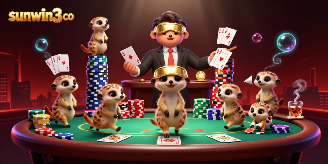 View an exciting scene at sunwin3 co with meerkats running a vibrant casino operation, lively gaming action.