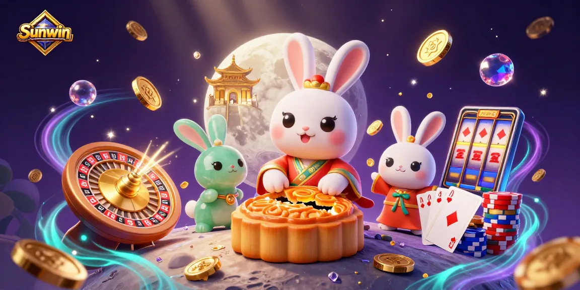 Sunwin showcases thrilling gaming with a whimsical scene of casino fun and lunar charm.