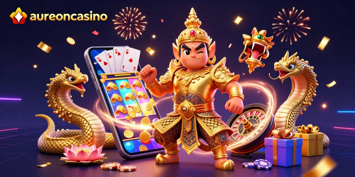 Aureoncasino offers an exciting 3D casino scene with vibrant gaming elements and characters.