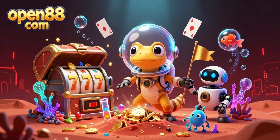 Spin the wheels of fortune at open88 com with a vibrant Martian casino scene filled with treasures.
